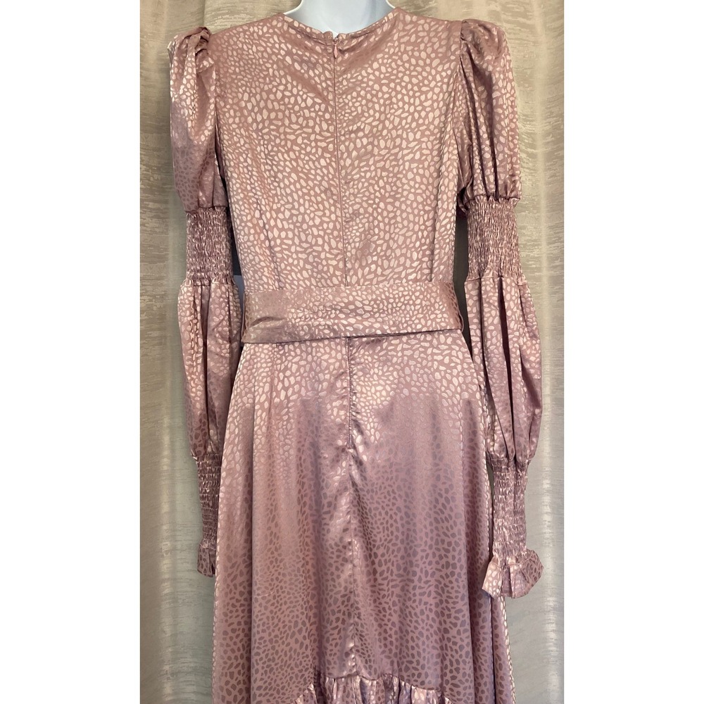 Rosevelvet Pink Satin Leopard Print Midi Dress Size S Puff Sleeve Belted - Picture 7 of 13